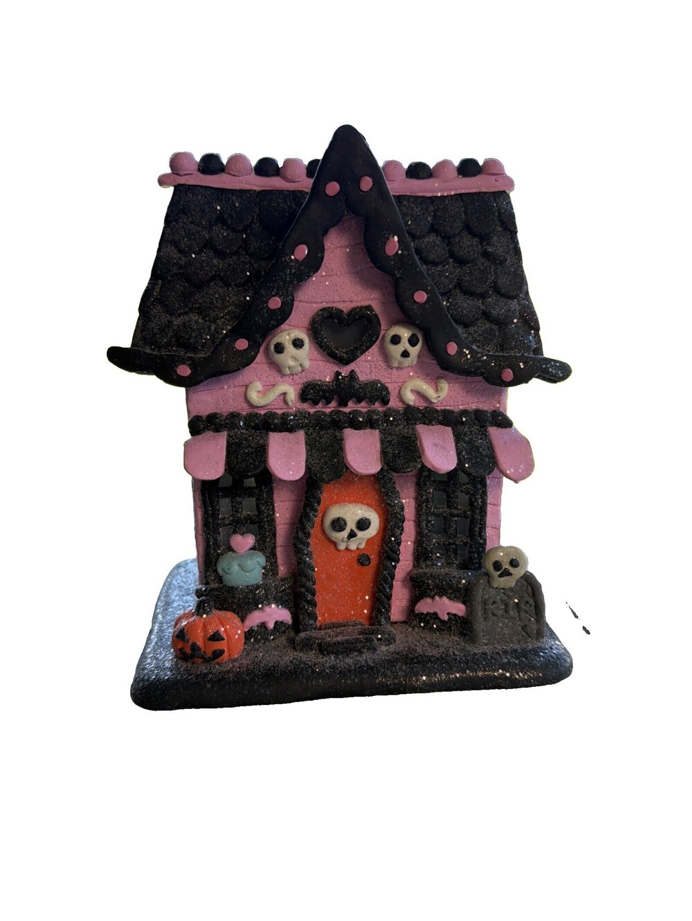 Pink Halloween Haunted Gingerbread House LED Lighted Pastel Goth Decor Skulls